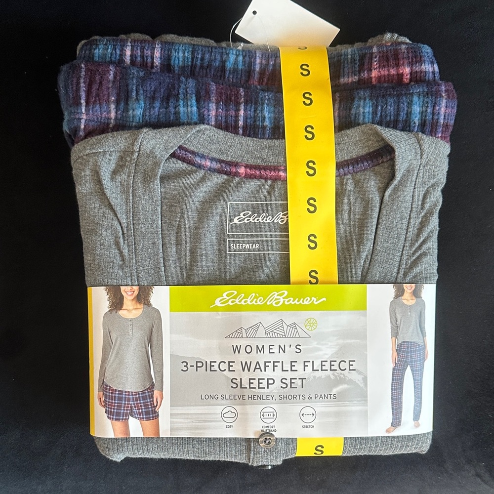 Eddie Bauer Women's Gray and Plaid Waffle Fleece Set